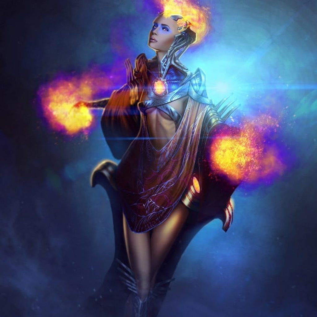 sci-fi pyromancer - Female character Illustration design - Tsaber.