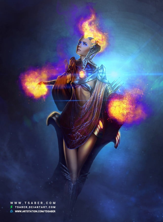 sci-fi pyromancer - Female character Illustration design - Tsaber